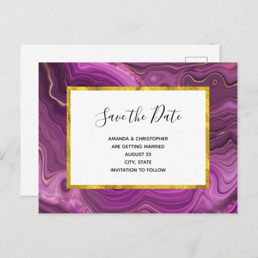 Royak Paarse en gouden agaat bruiloft Save the Dat Uitnodiging Briefkaart (Voorkant / Achterkant)