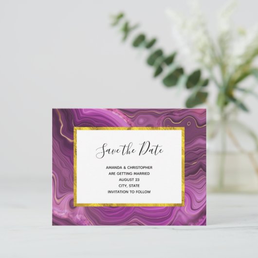 Royak Paarse en gouden agaat bruiloft Save the Dat Uitnodiging Briefkaart (Staand voorkant)