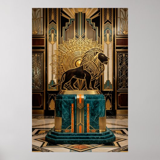 Royal Art Deco Lion Statue Gold Foil Poster (Voorkant)