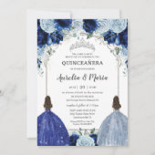 Royal Baby Blauw Bloemen Tweeling Zilver Quinceañe Kaart (Voorkant)