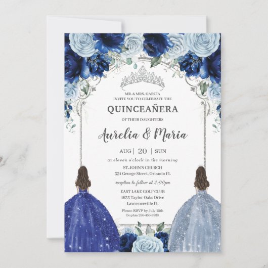 Royal Baby Blauw Bloemen Tweeling Zilver Quinceañe Kaart (Voorkant)