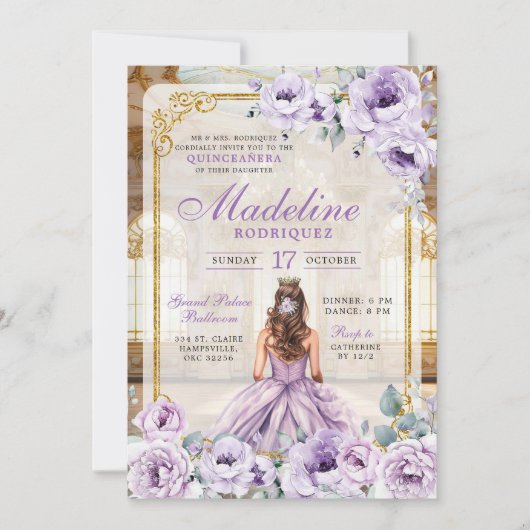 Royal Ballroom Gold en Paarse Quinceanera Kaart (Voorkant)