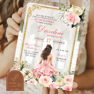 Royal Ballroom Pink Rose Gold Quinceanera Kaart