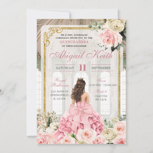 Royal Ballroom Roos Gold Bow Coquette Quinceanera Kaart (Voorkant)