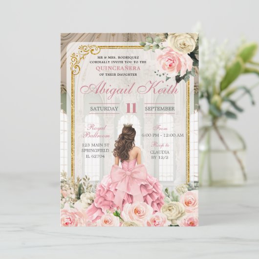 Royal Ballroom Roos Gold Bow Coquette Quinceanera Kaart (Staand voorkant)