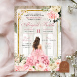 Royal Ballroom Roos Gold Bow Coquette Quinceanera Kaart<br><div class="desc">Royal Ballroom Roos Gold Bow Coquette Quinceanera Invitation,  Pink Princess Sweet 16th Invite,  Bewerkbare Floral Mis Quince XV Años</div>