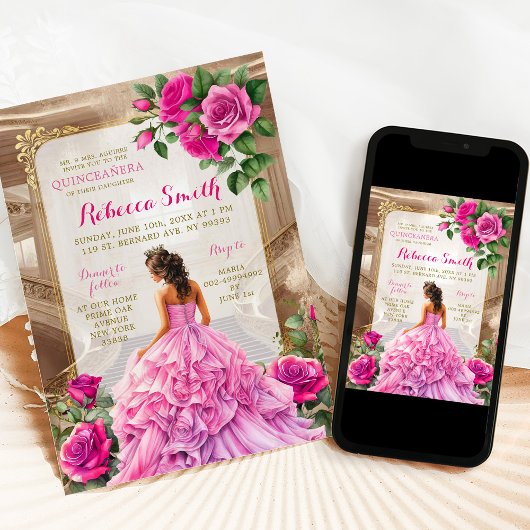 Royal Ballroom Roze Fuschia Bloemen Quinceañera Kaart