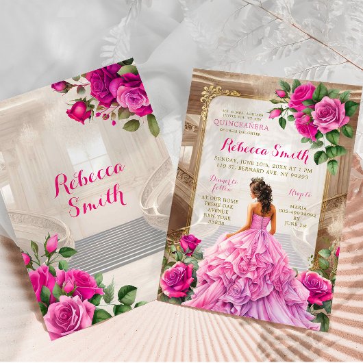Royal Ballroom Roze Fuschia Bloemen Quinceañera Kaart
