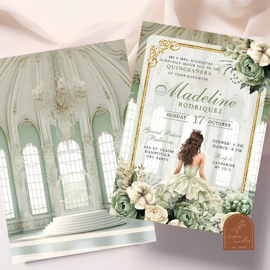 Royal Ballroom Sage Green Quinceañera Kaart