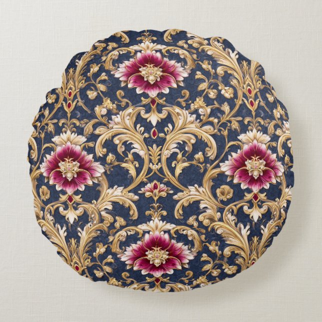 Royal Baroque Floral on Deep Blue Rond Kussen (Voorkant)