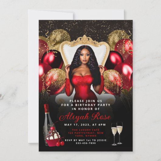 Royal Birthday Invitation Red and Gold Balloons Kaart (Voorkant)