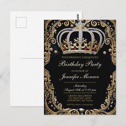 Royal Birthday Party Crown  Invitation Briefkaart (Voorkant / Achterkant)