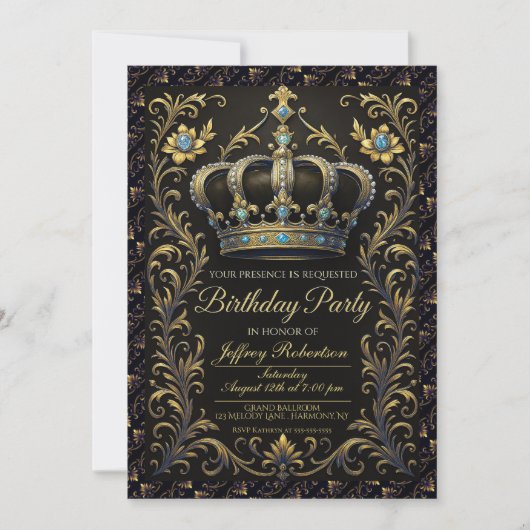 Royal Birthday Party Crown Ornate Invitation Kaart (Voorkant)