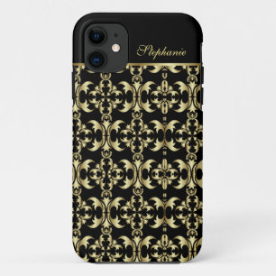 Royal Black en Gold Monogram Damask iPhone 11 Hoesje