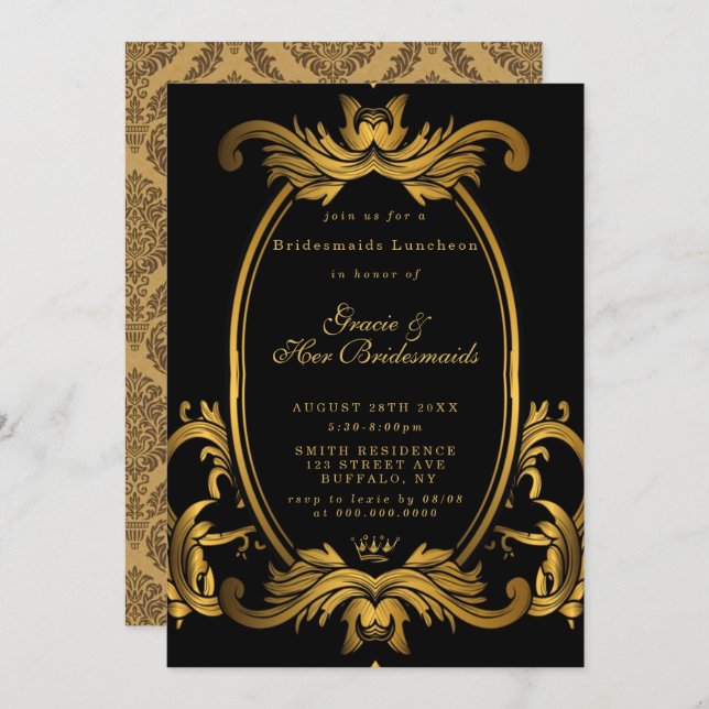 Royal Black Gold Bridesmaids Luncheon Invitation (Voorkant / Achterkant)