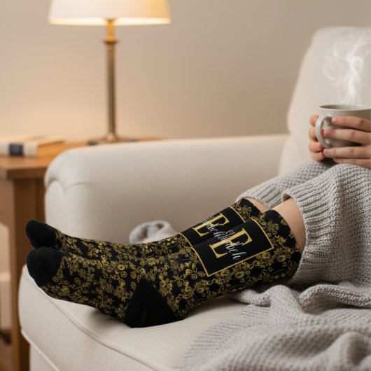 Royal Black & Gold Damask Floral Pattern Monogram Sokken