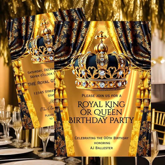 Royal Black Gold King Queen Crown Birthday Party Kaart