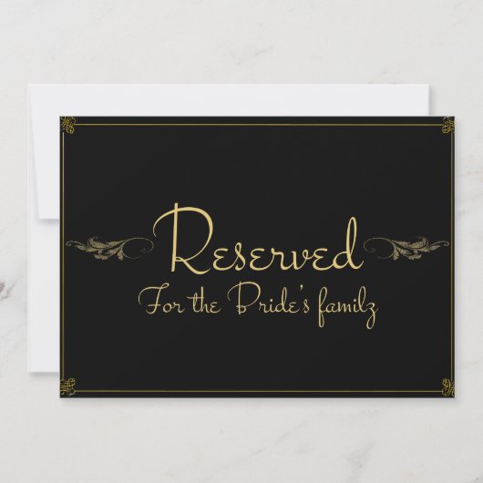 Royal black gold Reserved Wedding Sign Kaart (Voorkant)