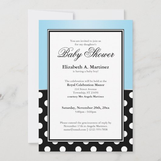 Royal Black Polka Dot Blue Baby Shower-uitnodiging Kaart (Voorkant)