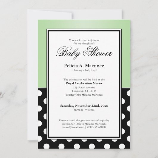 Royal Black Polka Dot Green Baby shower Invitation Kaart (Voorkant)