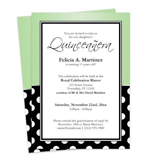 Royal Black Polka Dot Green Quinceañera Kaart