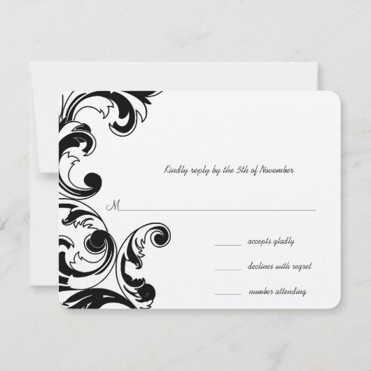 Royal Black Swirls Wedding RSVP Kaartje (Achterkant)