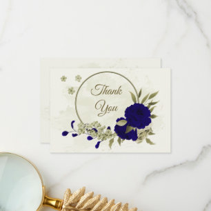 Royal blauw beige bloemen botanische bruiloft bedankkaart