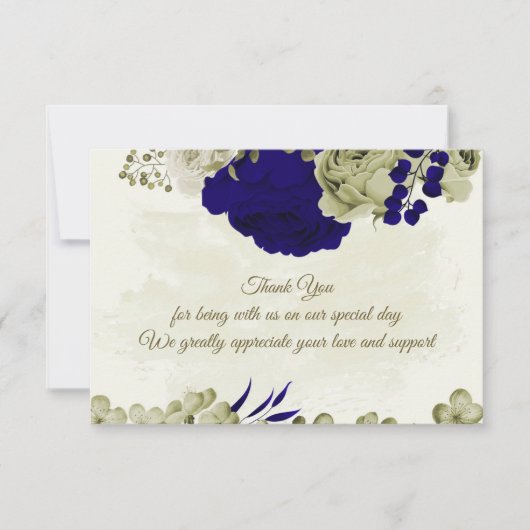 Royal blauw beige bloemen botanische bruiloft bedankkaart (Voorkant)