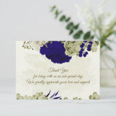Royal blauw beige bloemen botanische bruiloft bedankkaart (Staand voorkant)