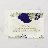 Royal blauw beige bloemen botanische bruiloft bedankkaart (Voorkant / Achterkant)