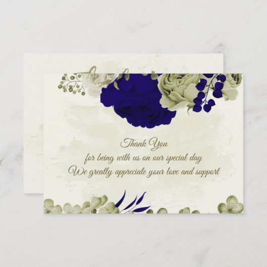 Royal blauw beige bloemen botanische bruiloft bedankkaart (Voorkant / Achterkant)