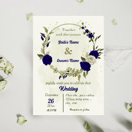 Royal blauw beige bloemen botanische bruiloft kaart