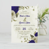 Royal blauw beige bloemen botanische bruiloft kaart (Staand voorkant)