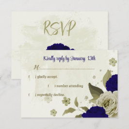 Royal blauw beige bloemen botanische bruiloft RSVP kaartje