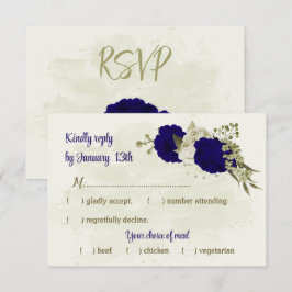 Royal blauw beige bloemen botanische bruiloft RSVP kaartje
