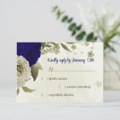 Royal blauw beige bloemen botanische bruiloft RSVP kaartje (Staand voorkant)