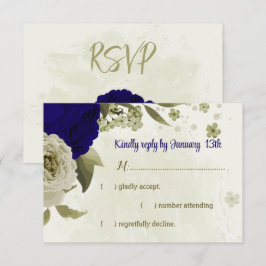 Royal blauw beige bloemen botanische bruiloft RSVP kaartje