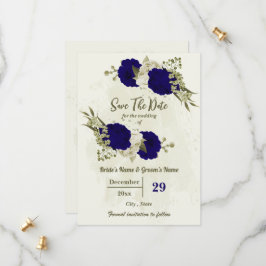 Royal blauw beige bloemen botanische bruiloft save the date