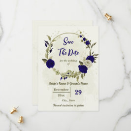 Royal blauw beige bloemen botanische bruiloft save the date