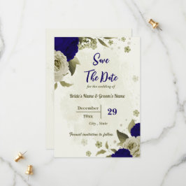 Royal blauw beige bloemen botanische bruiloft save the date