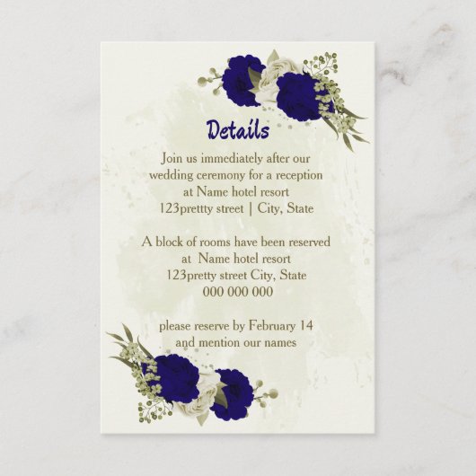 Royal blauw beige bloemen bruiloft details informatiekaartje (Voorkant)