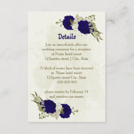 Royal blauw beige bloemen bruiloft details informatiekaartje