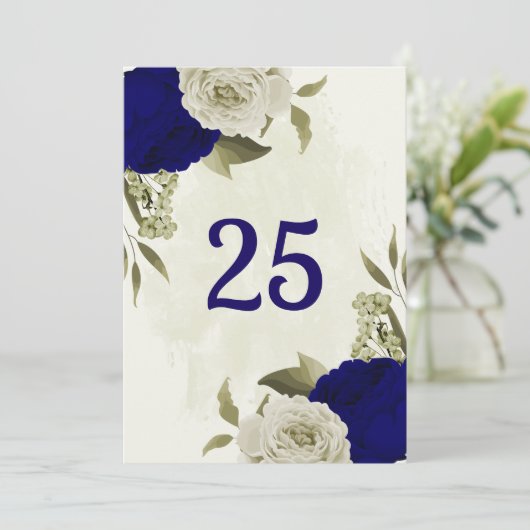 Royal blauw beige bloemen tafel nummer kaart (Staand voorkant)