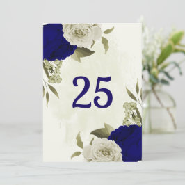 Royal blauw beige bloemen tafel nummer kaart