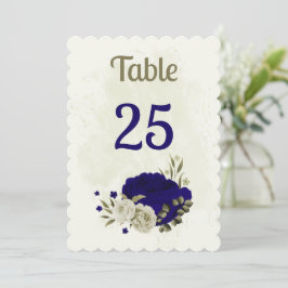 Royal blauw beige bloemen tafel nummer kaart