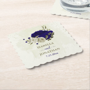 Royal blauw beige bloemenbruiloft kartonnen onderzetters