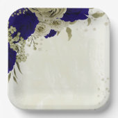 Royal blauw beige bloemenbruiloft papieren bordje (Voorkant)