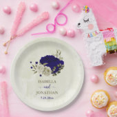 Royal blauw beige bloemenbruiloft papieren bordje (Feest)