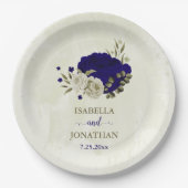 Royal blauw beige bloemenbruiloft papieren bordje (Voorkant)