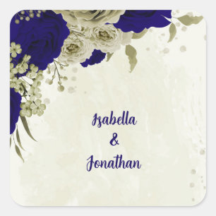 Royal blauw beige bloemenbruiloft vierkante sticker
